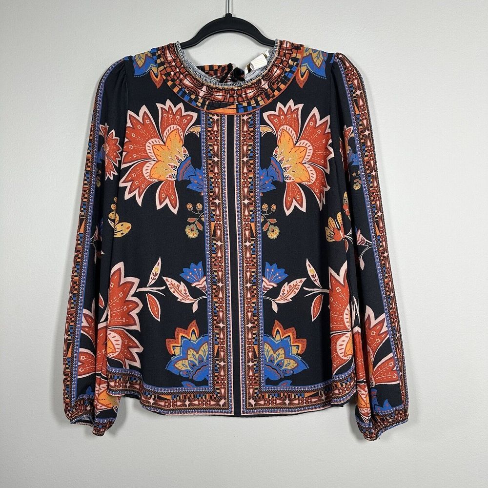Braeve Medium Black Orange Floral Long Sleeve Ruffle‎ Neck Blouse